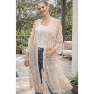Sheer Floral Duster Kimono Wm's Long Open Front Lightweight Boho Beach Cover-up‎